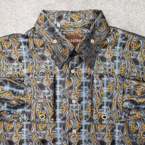Manzini Shirt Mens 4XL Gold/Blue Geometric 100% Silky Polyester Cuff Links L/S